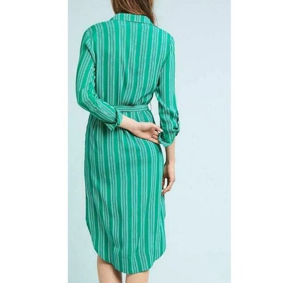 Anthropologie Belted Shirt Dress 0 Green Striped Long Sleeve Midi Lightweight - Picture 2 of 8